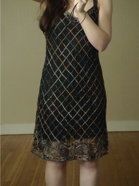 Black Beaded Lattice Midi Dress with Gold & Silver Accents